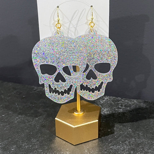 Glitter Skull Earrings | Silver Glitter Acrylic Skull Halloween Earrings | FENNO FASHION