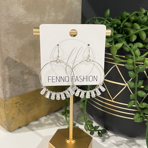 Silver Geometric Earrings | Crystal Geometric Earrings | Hoop Earrings with Crystals | FENNO FASHION 