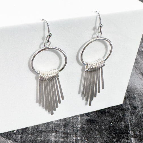 Silver Geometric Earrings | Hoop & Fringe Earrings | Modern Earrings | Silver Hoop Earrings |  FENNO FASHION