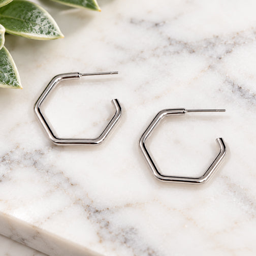 Silver Hexagon Hoop Earrings | Geometric Earrings | Geometric Hoops | Minimalist Earrings | FENNO FASHION 
