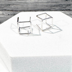 Modern Edge 3-D Square Huggie Earrings (GOLD OR SILVER)