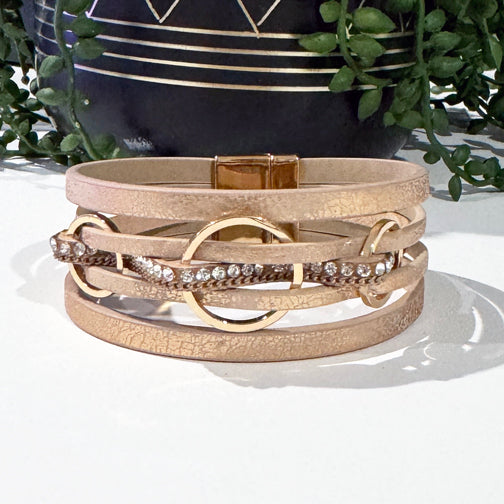 Tan Leather Wrap Bracelet | Gold Magnetic Clasp Bracelet | FENNO FASHION