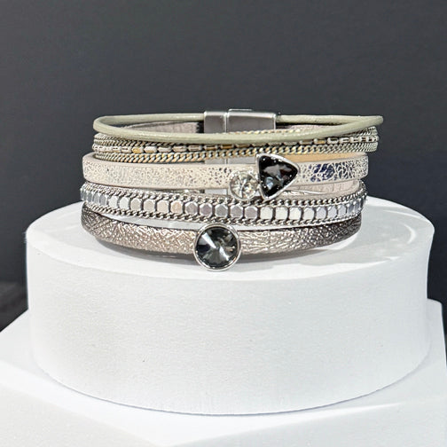 Vintage Vibes Gray Crystal Metallic Silver Leather Wrap Bracelet | Magnetic Bracelet | FENNO FASHION
