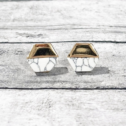 White Marble and Gold Hexagon Earrings | Geometric stud Earrings | Marble Earrings | FENNO FASHION