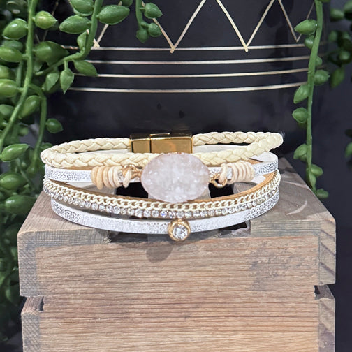 White Leather Wrap Bracelet | Druzy Stone Bracelet | Gold Magnetic Clasp Bracelet | FENNO FASHION