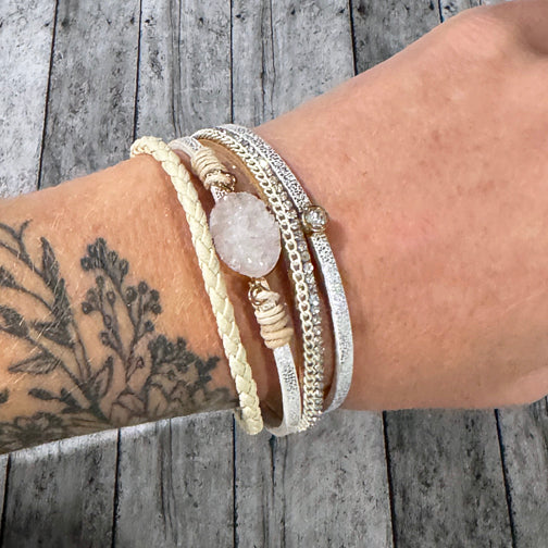 White Leather Wrap Bracelet | Druzy Stone Bracelet | Gold Magnetic Clasp Bracelet | FENNO FASHION