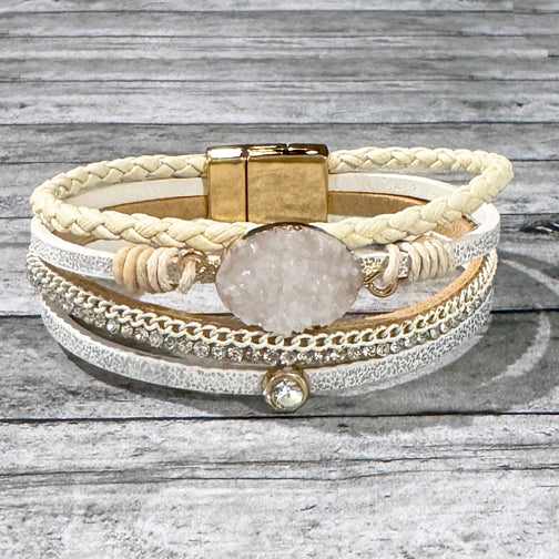 White Leather Wrap Bracelet | Druzy Stone Bracelet | Gold Magnetic Clasp Bracelet | FENNO FASHION