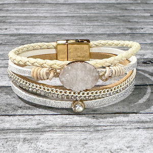White Leather Wrap Bracelet | Druzy Stone Bracelet | Gold Magnetic Clasp Bracelet | FENNO FASHION