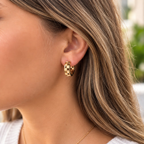 Checkered Huggie Hoop Earrings (GOLD OR SILVER)