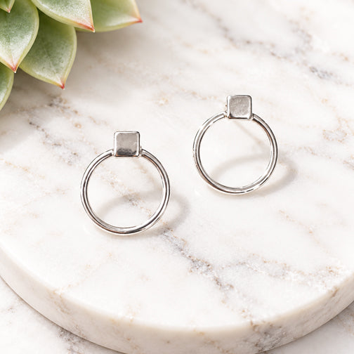 Circled Square Geometric Stud Earrings (GOLD OR SILVER)