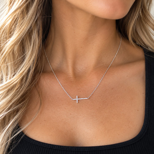 Crystal Sideways Cross Dainty Necklace (ROSE GOLD, GOLD OR SILVER)