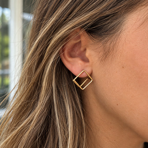 Modern Edge 3-D Square Huggie Earrings (GOLD OR SILVER)