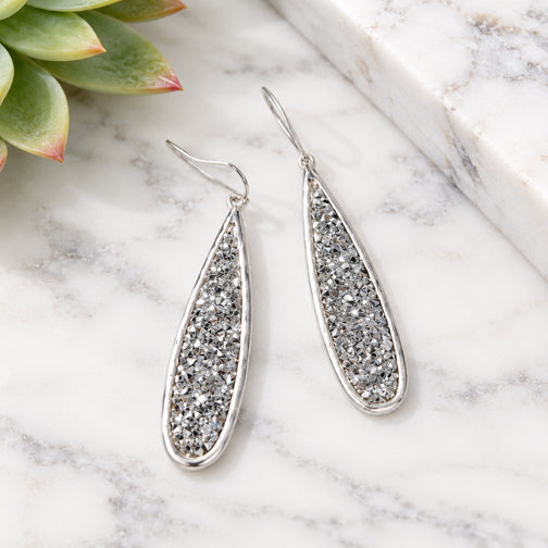 Elongated Silver Sparkling Crystal Drop Earrings