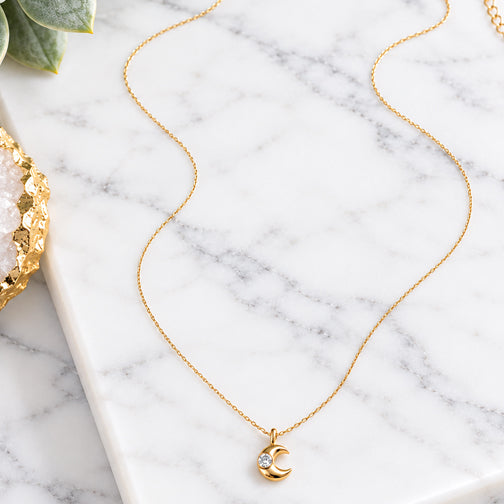 Crescent Moon Dainty Crystal Necklace (ROSE GOLD OR GOLD)