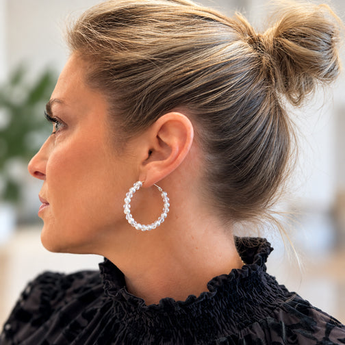 White Pearl & Crystal Hoop Earrings (GOLD OR SILVER)