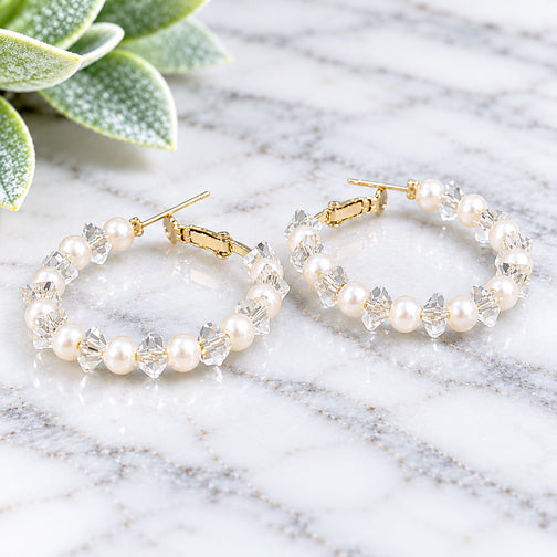 White Pearl & Crystal Hoop Earrings (GOLD OR SILVER)