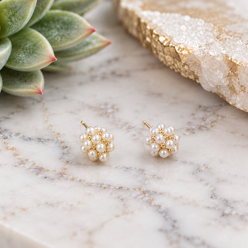 Pearl Pom Pom Gold Stud Earrings