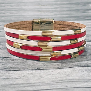 Cincinnati Reds Red & White Striped Leather Wrap Bracelet