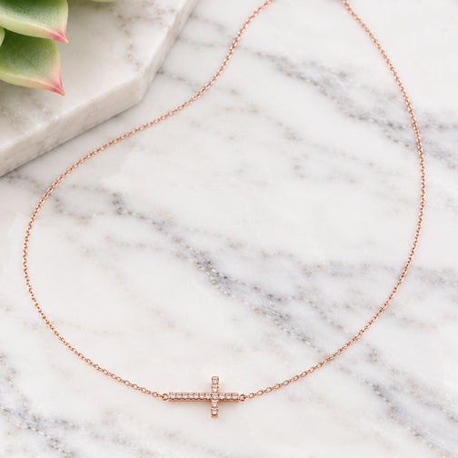 Crystal Sideways Cross Dainty Necklace (ROSE GOLD, GOLD OR SILVER)