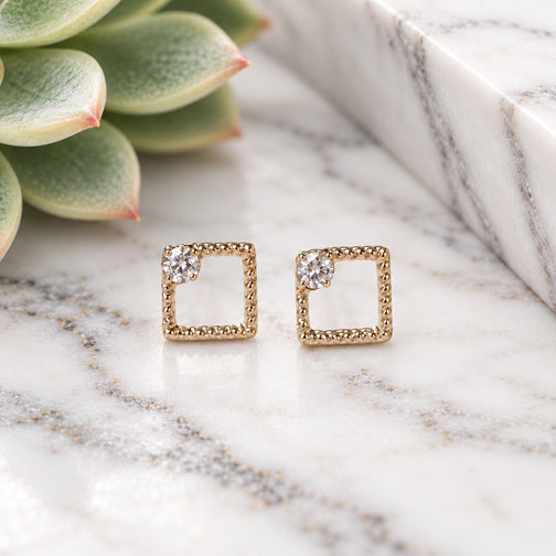 Minimalist Halo Square & Crystal Stud Earrings (GOLD OR SILVER)