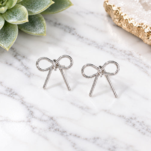 Tiny Tied Silver Bow Stud Earrings