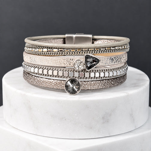 Vintage Vibes Gray Crystal Metallic Silver Leather Wrap Bracelet
