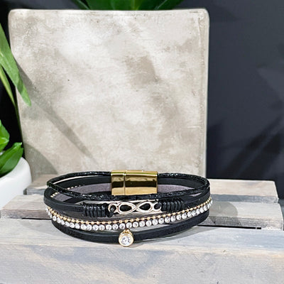 Buy Sarah Fish Hook Wrap Black Color Faux Leather Bracelet for