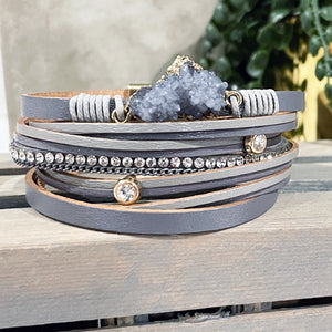 Gray Druzy Bracelet | Leather Wrap Bracelet | Magnetic Clasp Bracelet | FENNO FASHION | Megan Fenno