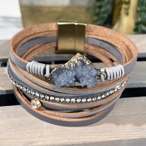 Gray Druzy Bracelet | Leather Wrap Bracelet | Magnetic Clasp Bracelet | FENNO FASHION | Megan Fenno