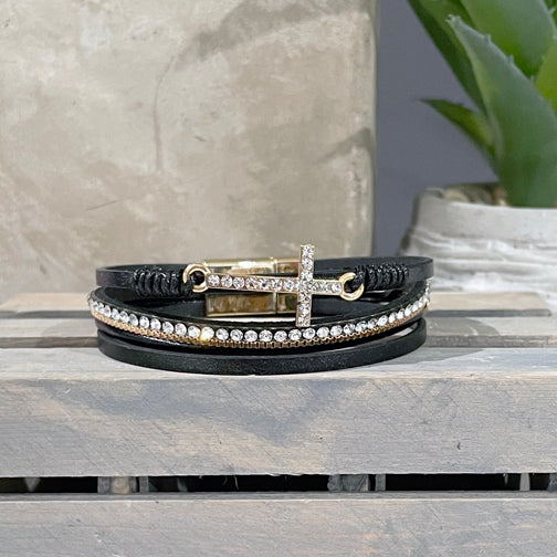 Crystal Cross Black Leather Bracelet  | Cross Bracelet | Sideways Cross Bracelet | FENNO FASHION | Megan Fenno