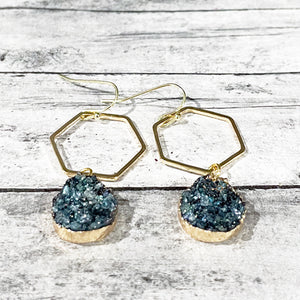 Gold Hexagon Druzy Stone Earrings | Druzy Earrings | Geometric Earrings | Megan Fenno | FENNO FASHION