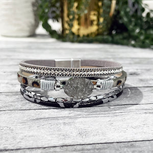 Gray Druzy Stone Leather Wrap Bracelet |  Gray Leopard Print Bracelet | FENNO FASHION | Megan Fenno