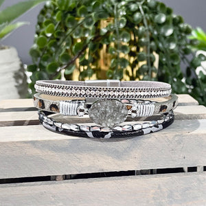 Gray Druzy Stone Leather Wrap Bracelet |  Gray Leopard Print Bracelet | FENNO FASHION | Megan Fenno