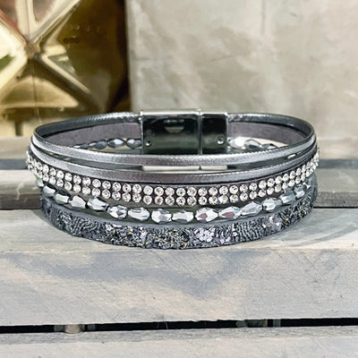 Metallic Leather Crystal & Rhinestone Leather Wrap Bracelet (GRAY OR BLACK)