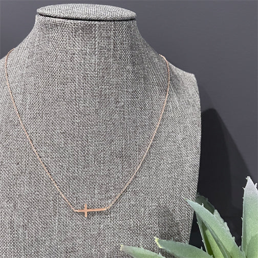 Dainty Sideways Brushed Metal Cross Necklace (GOLD, ROSE GOLD OR