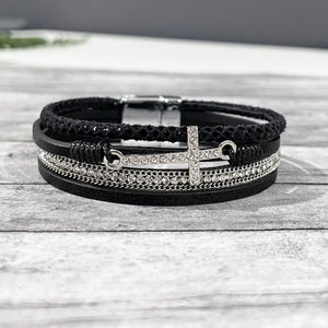Crystal Cross Black Leather Bracelet  | Cross Bracelet | Sideways Cross Bracelet | FENNO FASHION | Megan Fenno